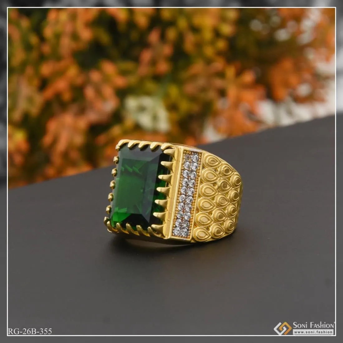 1 Gram Gold Plated Green Stone With Diamond Funky Design Ring For Men - Style B355