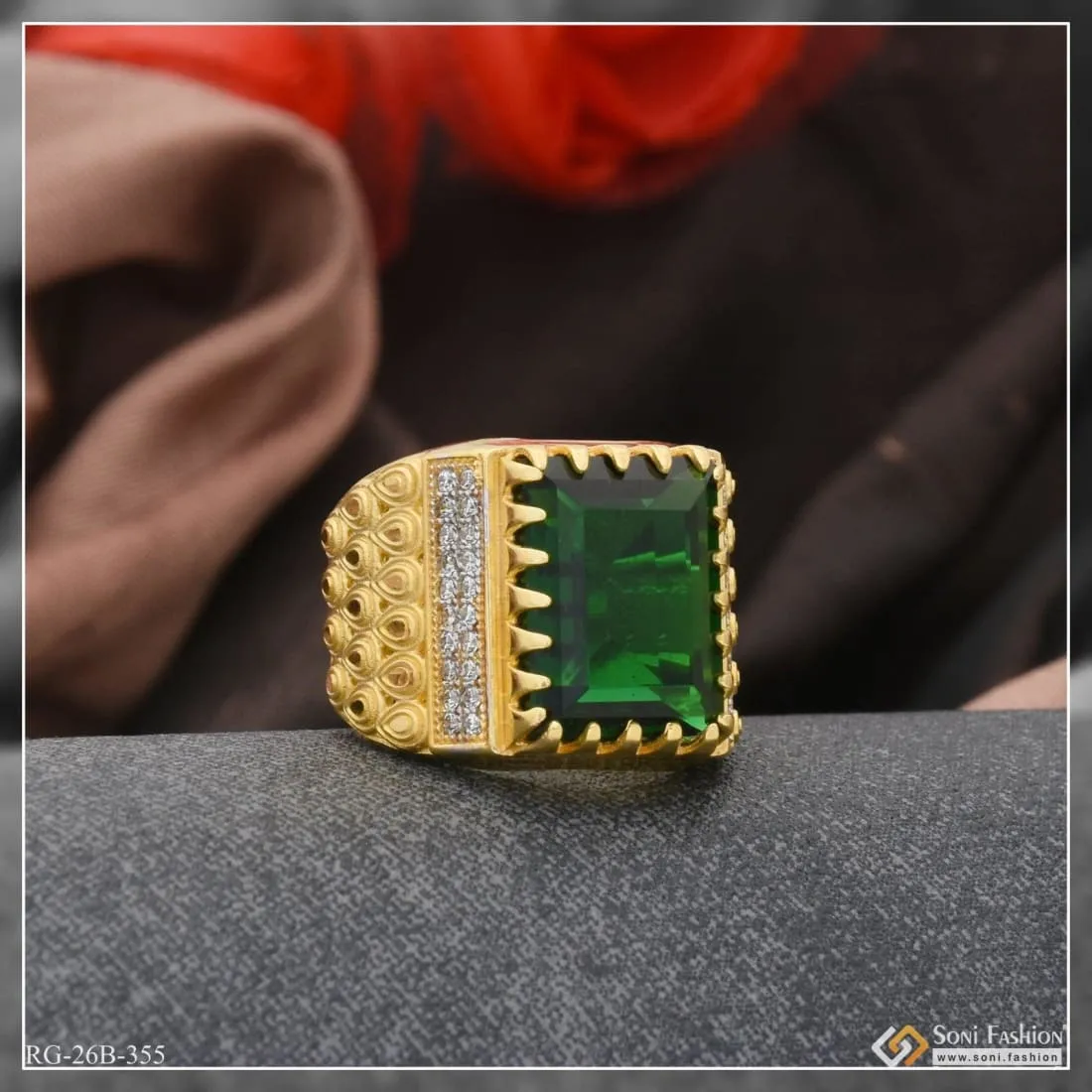 1 Gram Gold Plated Green Stone With Diamond Funky Design Ring For Men - Style B355