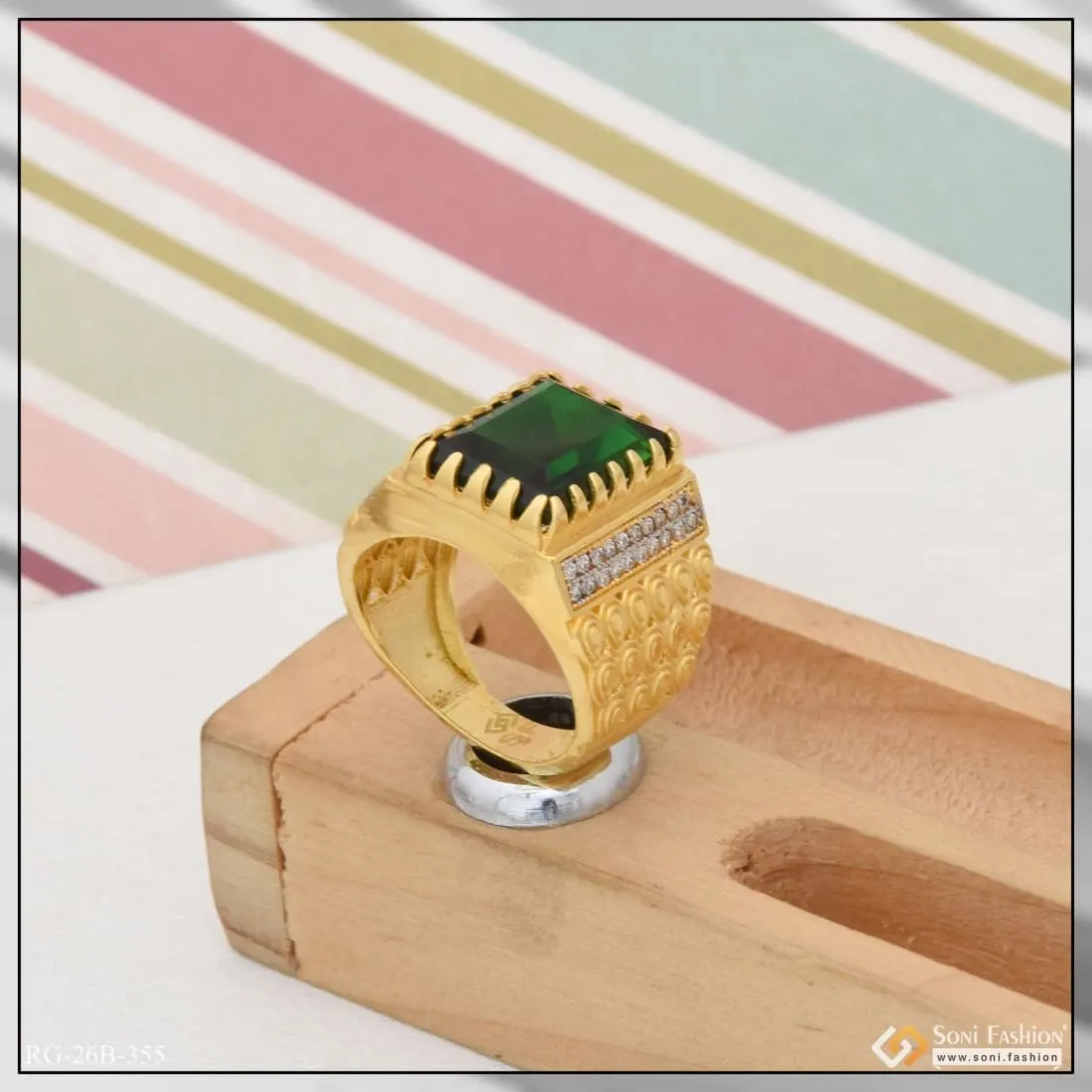 1 Gram Gold Plated Green Stone With Diamond Funky Design Ring For Men - Style B355