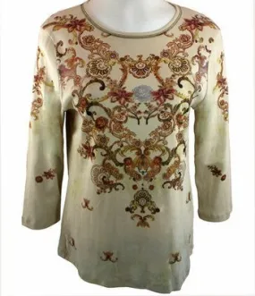 Cactus Fashion Rhinestones, Ivory Scoop Neck Top - Golden Flower