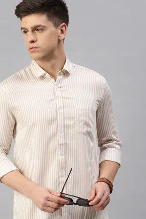 Classic Polo Men's Cotton Full Sleeve Striped Slim Fit Polo Neck Cream Color Woven Shirt | So1-104 A