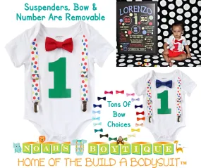 First Birthday Baby Boy Clothes - Primary Color Polka Dot Suspenders - Red Bow Tie - 1st Birthday Clothes - Primary Color Birthday Outfit