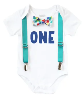 First Birthday Outfit Boy Teal and Rainbow Colorful Bow Tie Blue One