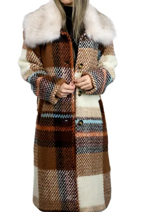 La Fiorentina Long Plaid Wool Coat w/ Faux Fur Trim - Brown/Ivory