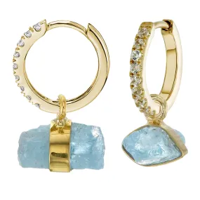 MINI HALO HOOPS - WHITE ZIRCON - WITH AQUAMARINE CHARMS - GOLD