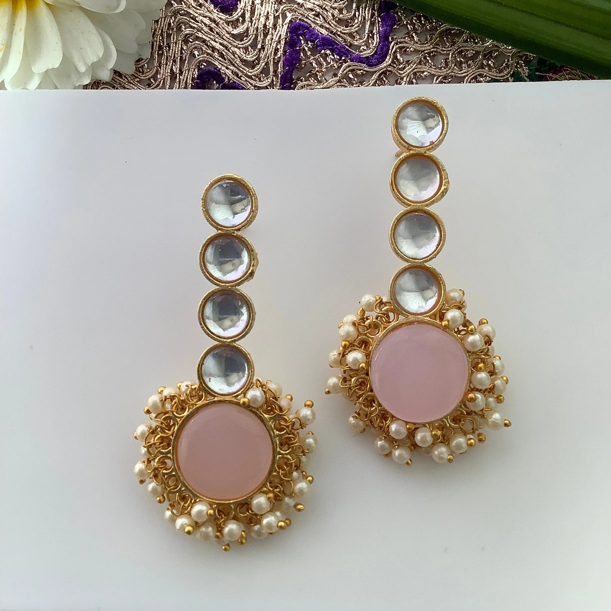 Salvanity Brass Gold -  Saumya (सौम्य) 18 CT Matt Gold Plated Earrings - Pink