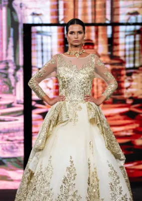 White and Gold Net-Based Designer Show-stopper Gown with Layered Trail