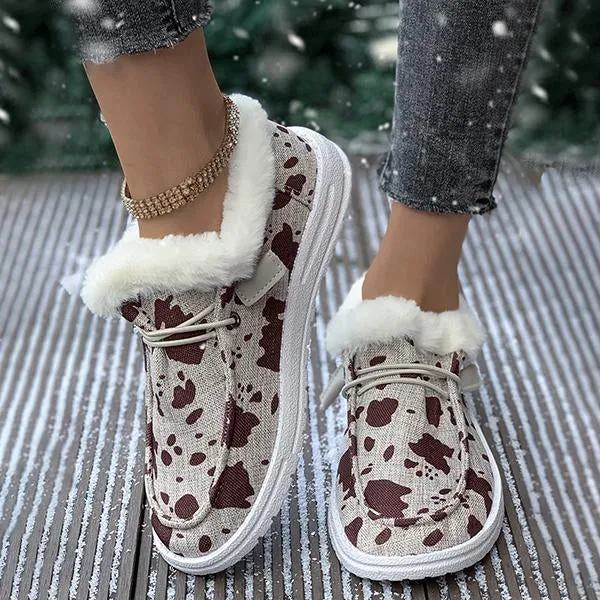 Women's Casual Cow Pattern Fur-lined Flat Shoes 57980294S