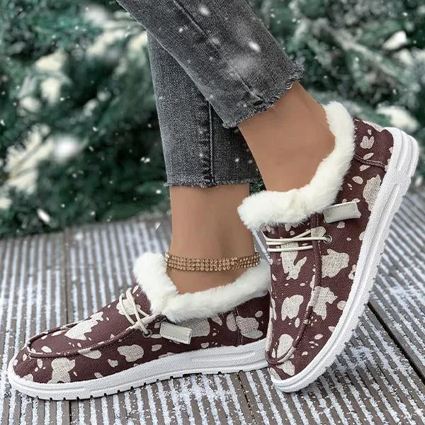 Women's Casual Cow Pattern Fur-lined Flat Shoes 57980294S