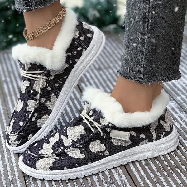 Women's Casual Cow Pattern Fur-lined Flat Shoes 57980294S