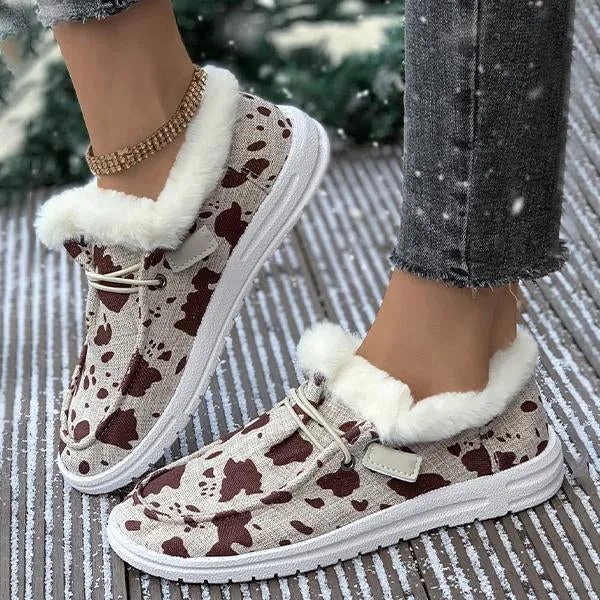 Women's Casual Cow Pattern Fur-lined Flat Shoes 57980294S