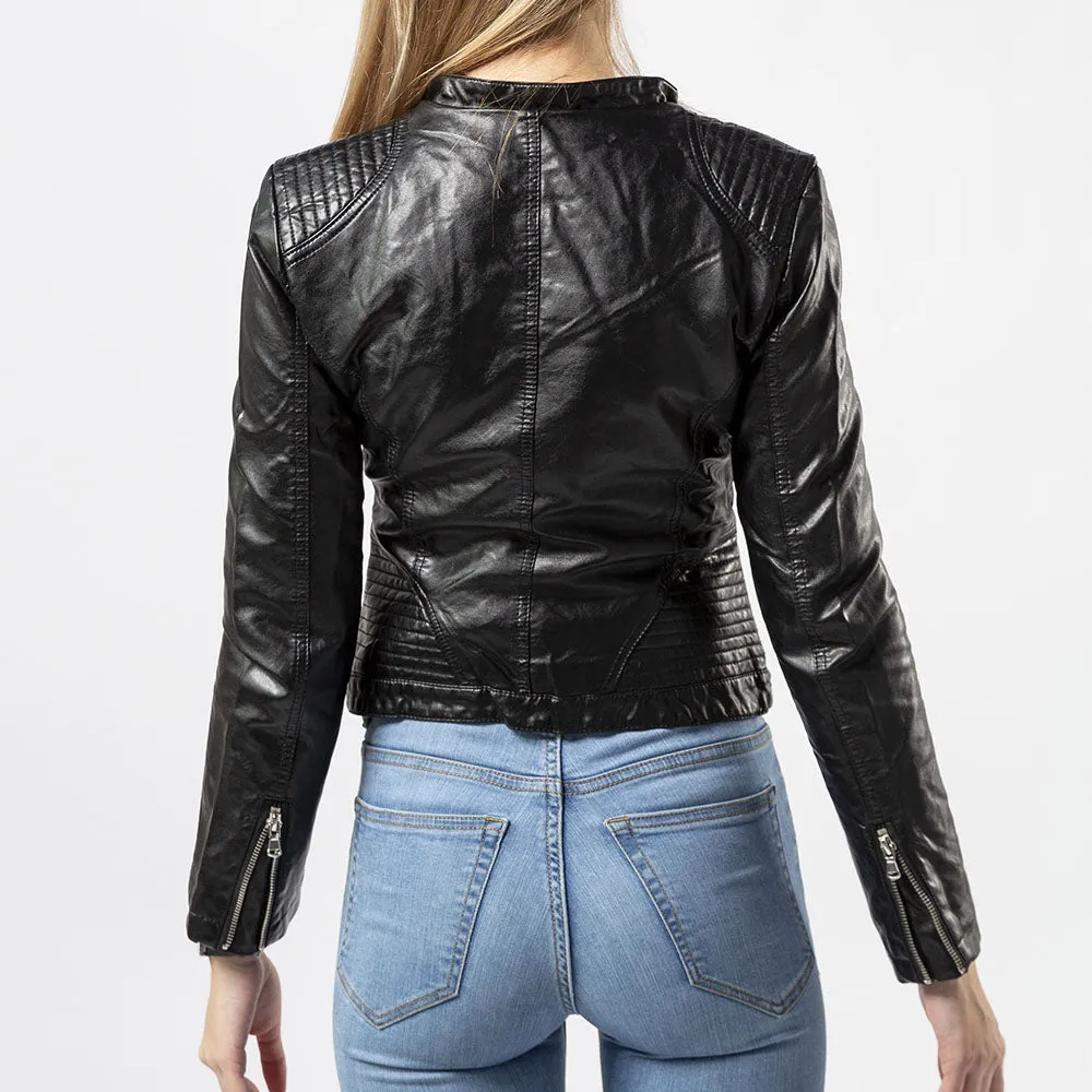 Women's Collarless Leather Jacket- Jazel